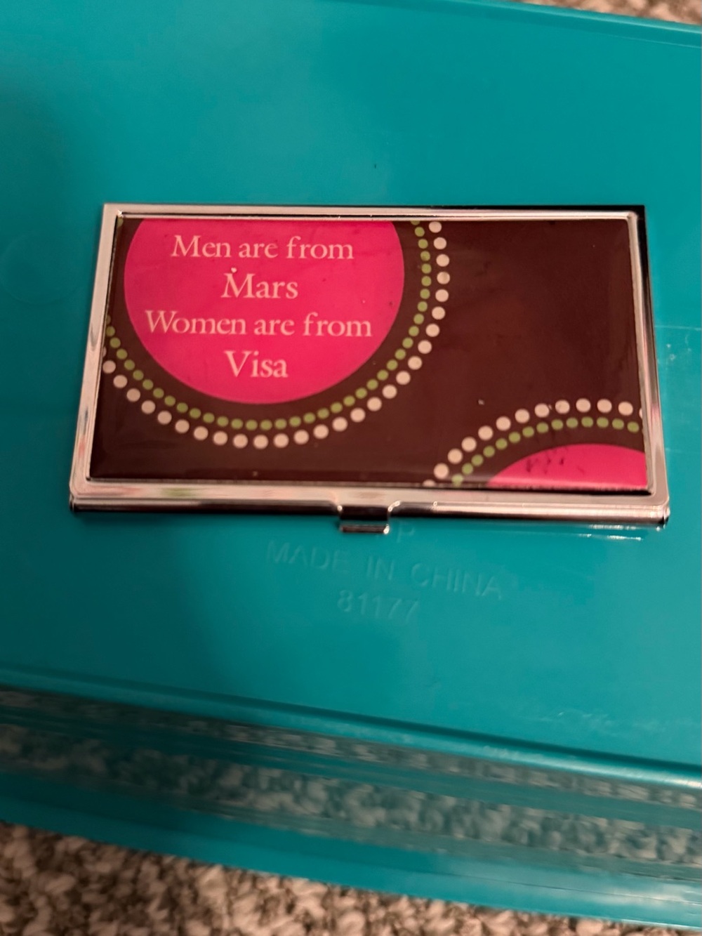 Novelty Pink & Brown Metal Card Case - "Men are from Mars"